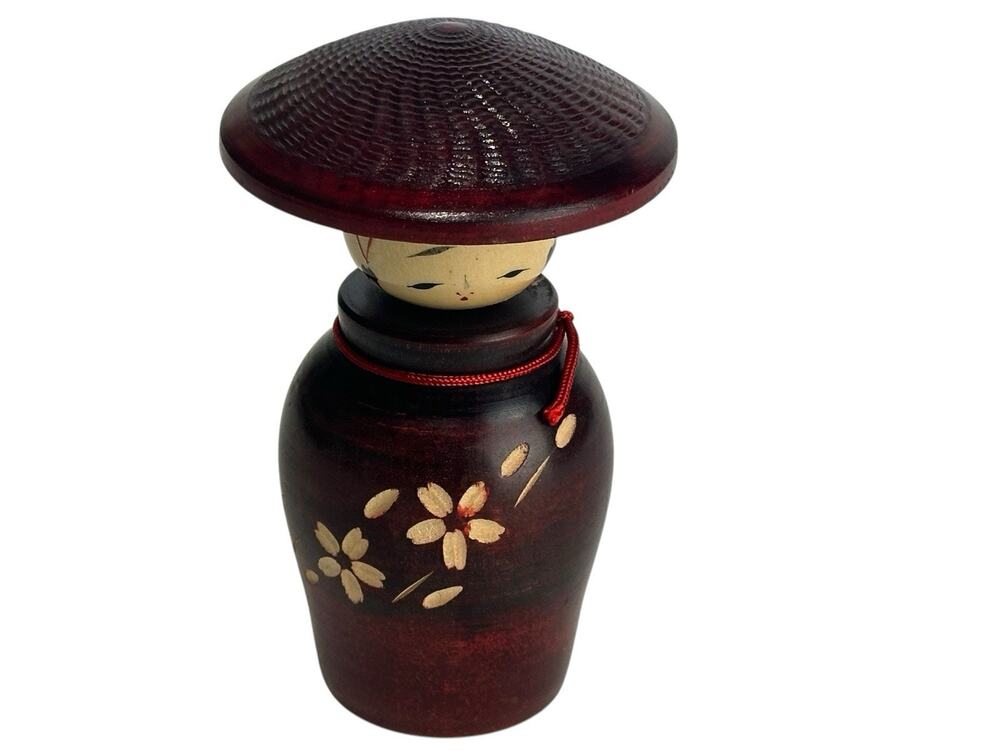 Vintage Japanese Kokeshi Doll Wood Figurine Floral Wide Hat 5 Inch Japan